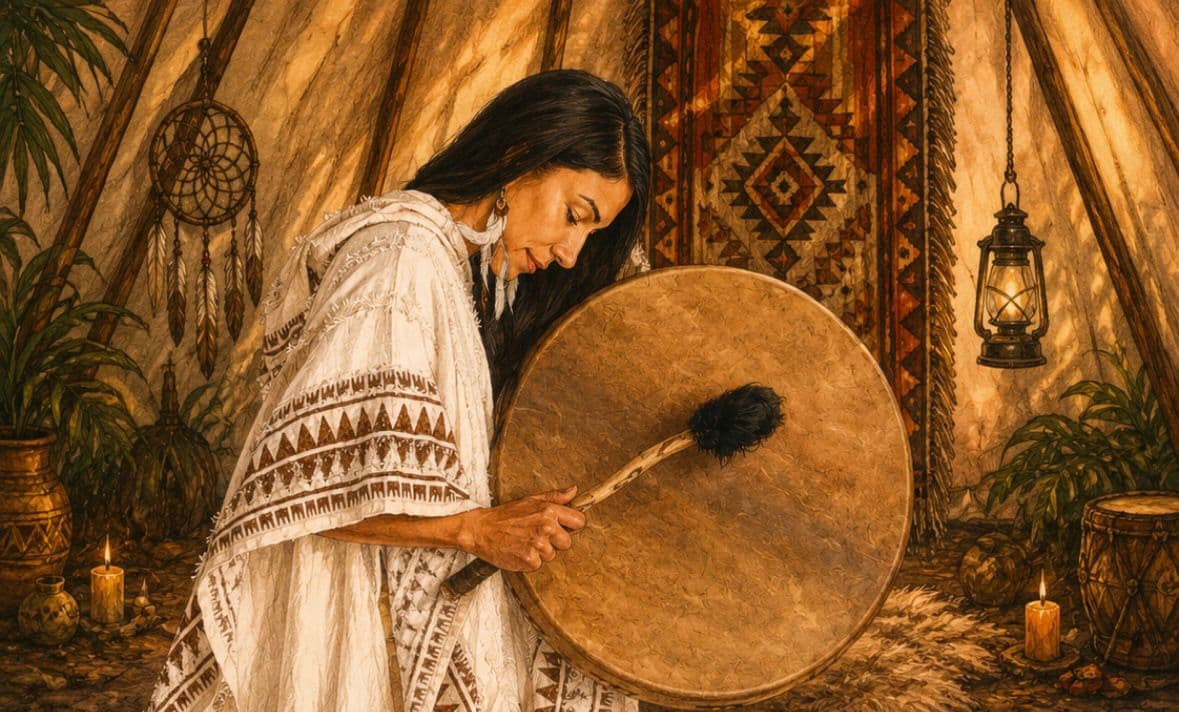 Sarah playing a ceremonial drum inside a candlelit tipi