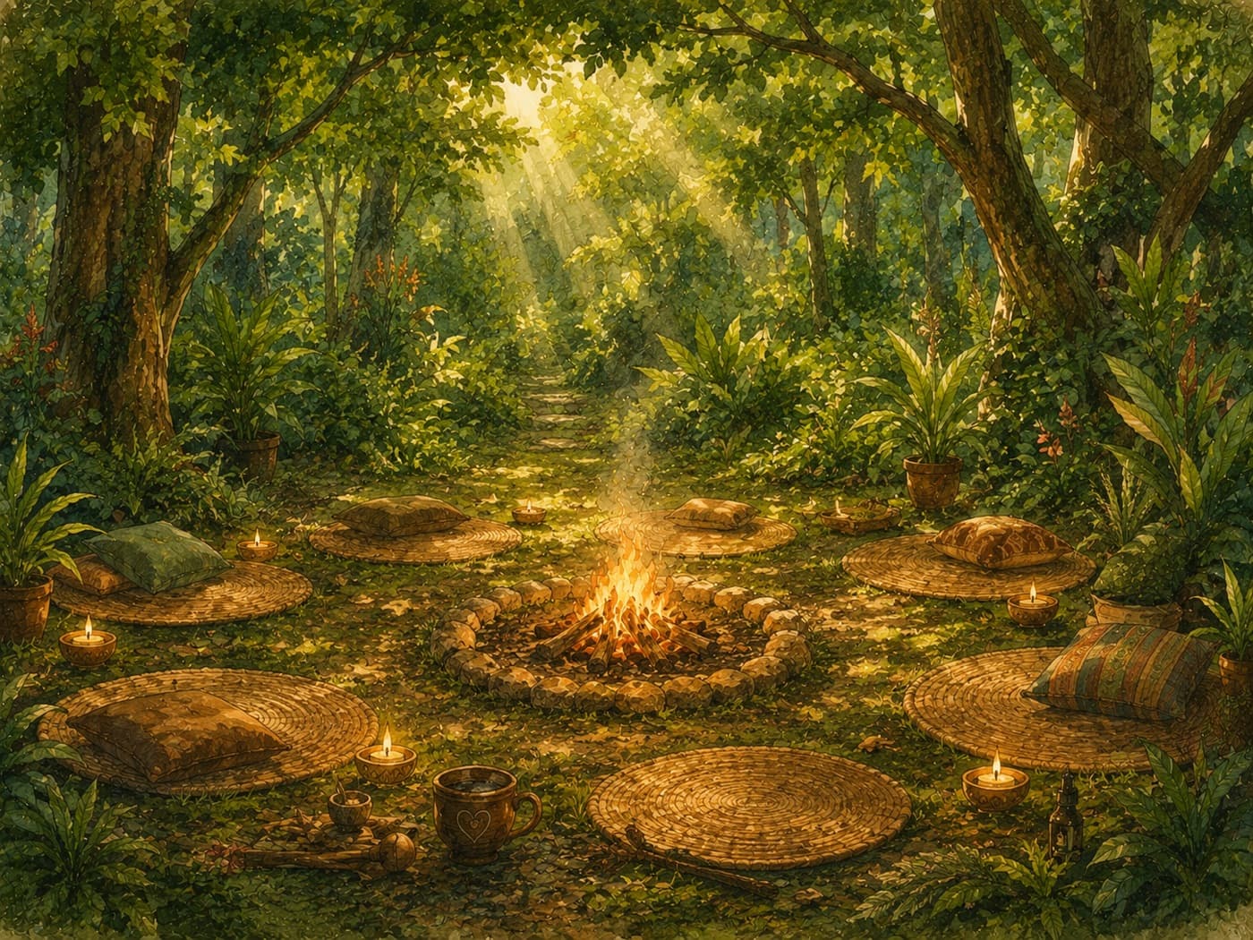 A fire circle with mats and candles in a sunlit forest clearing